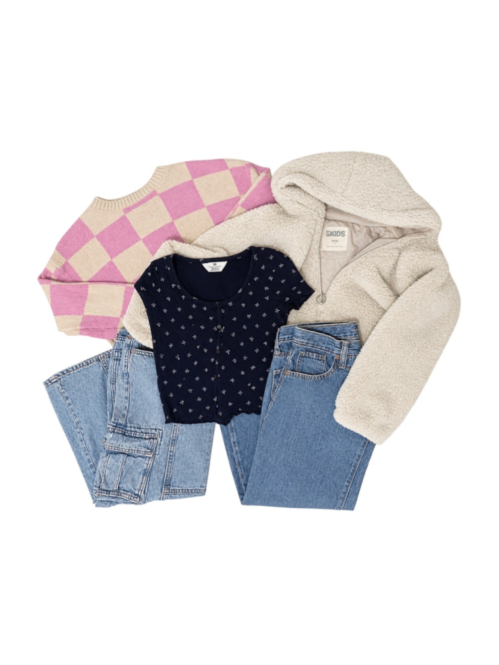 Girls Size 10-12 Mixed Brand 5 Piece Outfit Set Beige Pink Wide Leg Jean Jacket